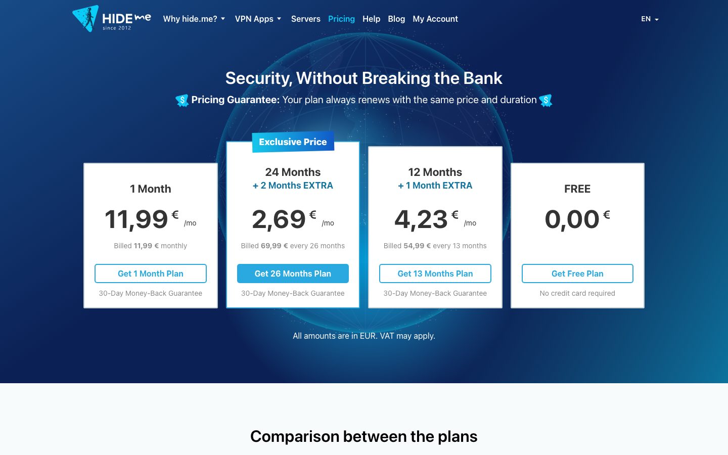 hide.me pricing page showing four plans: 1 Month 11.99 euro, 24 Months 2.69 euro per month, 12 Months 4.23 euro per month and Free 0.00 euro