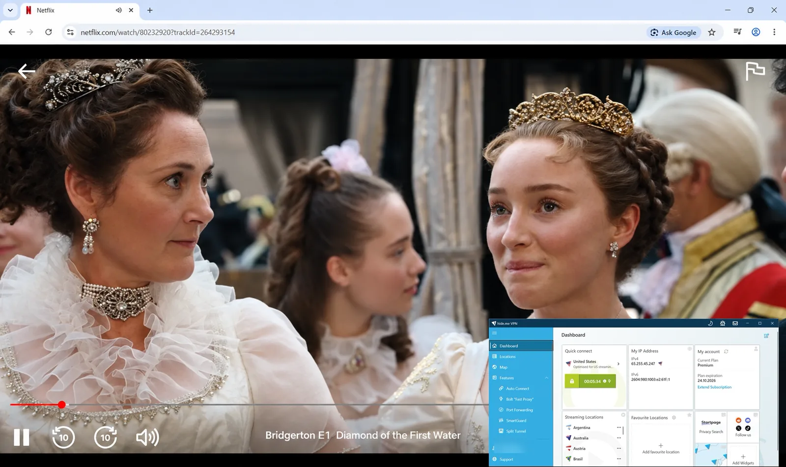 Netflix playing Bridgerton with hide.me connected (United States).