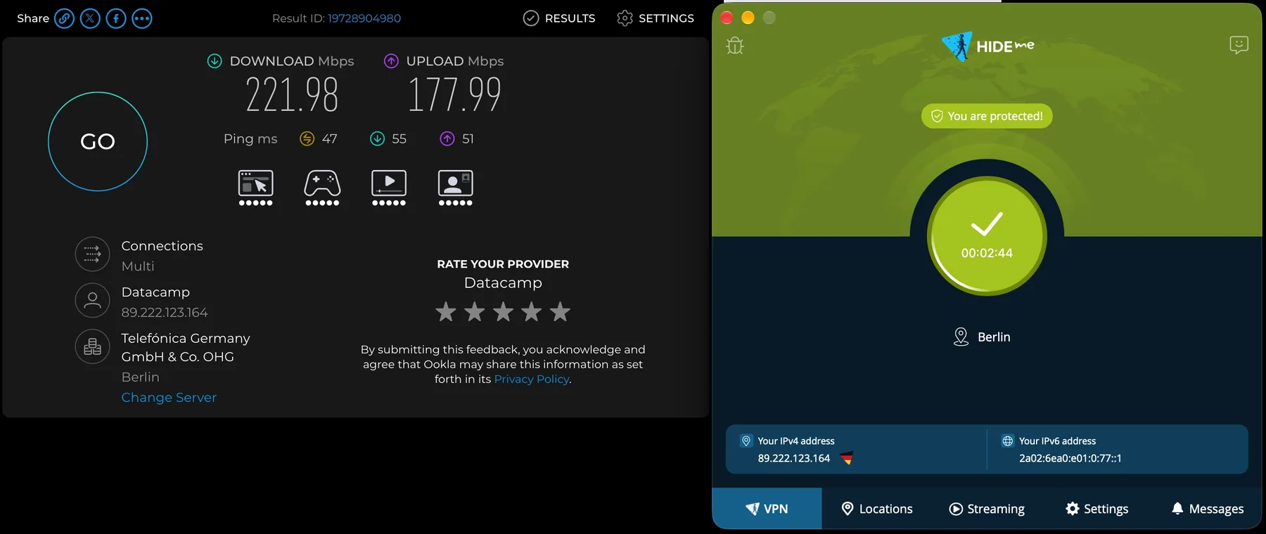 连接柏林时的Speedtest：下载221.98 Mbps，上传177.99 Mbps，延迟47 ms。