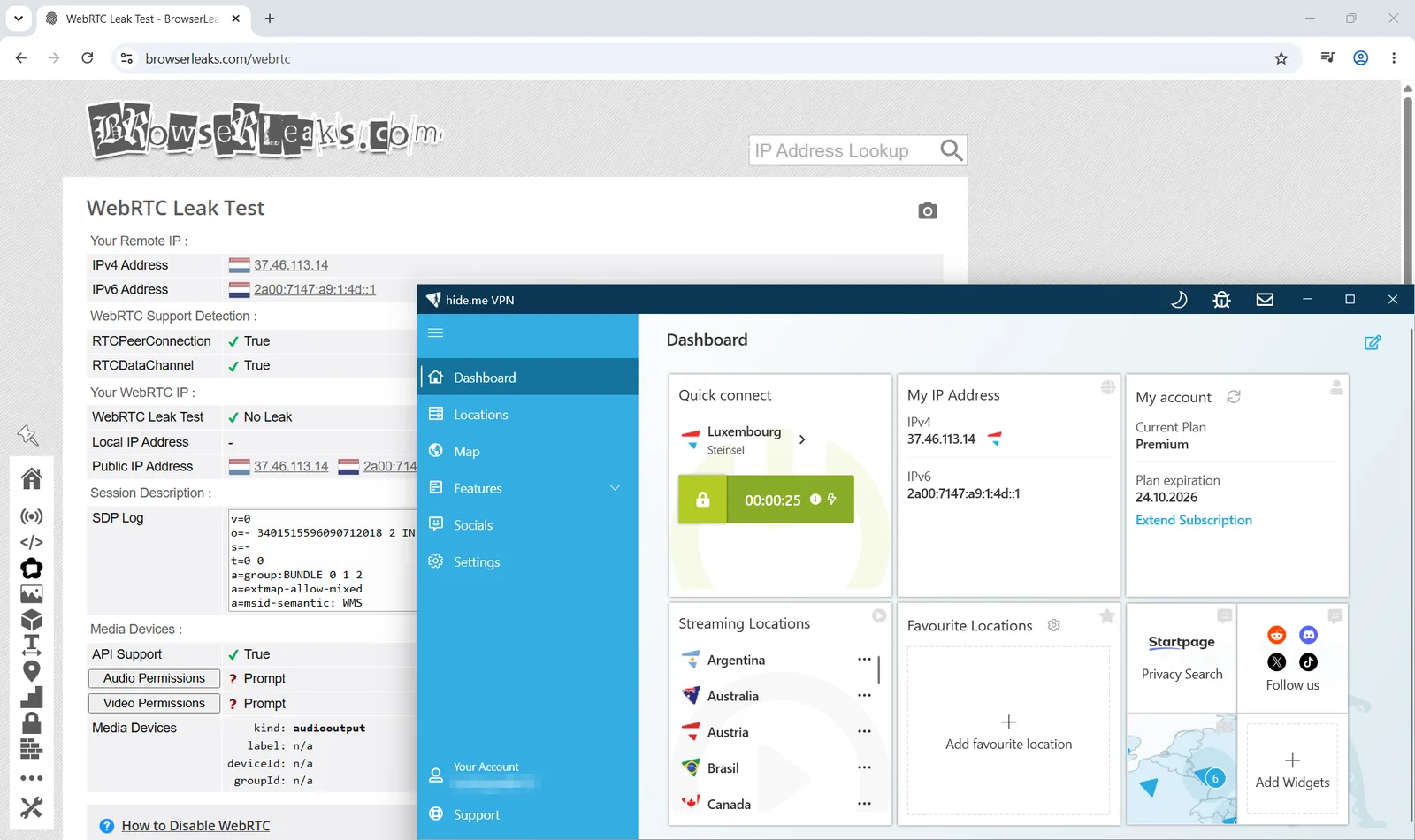 连接hide.me时BrowserLeaks的WebRTC测试显示“No Leak”，只暴露VPN一侧的地址。